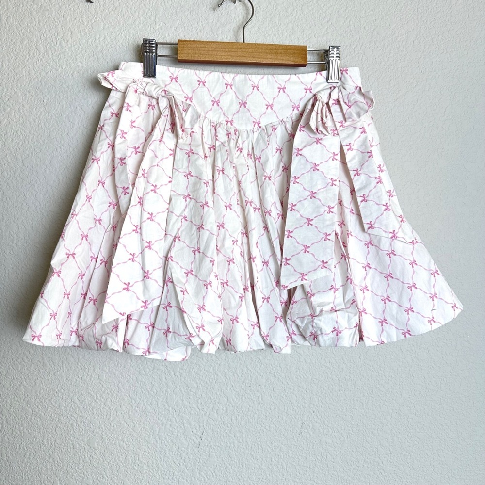 Altar'd State‎ Pink Bow Print Bubble Hem Mini Skirt White Side Ties Size Medium